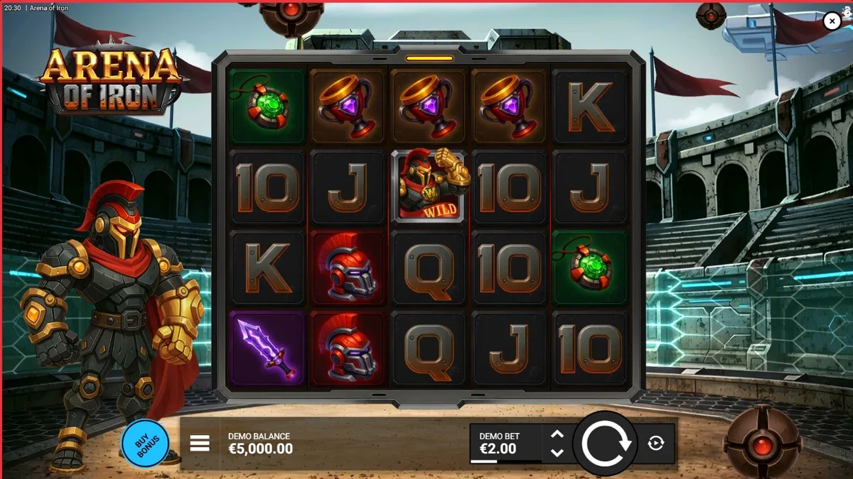 Tampilan visual futuristik dari slot Arena of Iron dengan latar belakang arena pertempuran robot.