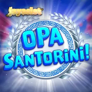Tampilan visual slot Opa Santorini dengan latar belakang pemandangan Santorini yang cerah